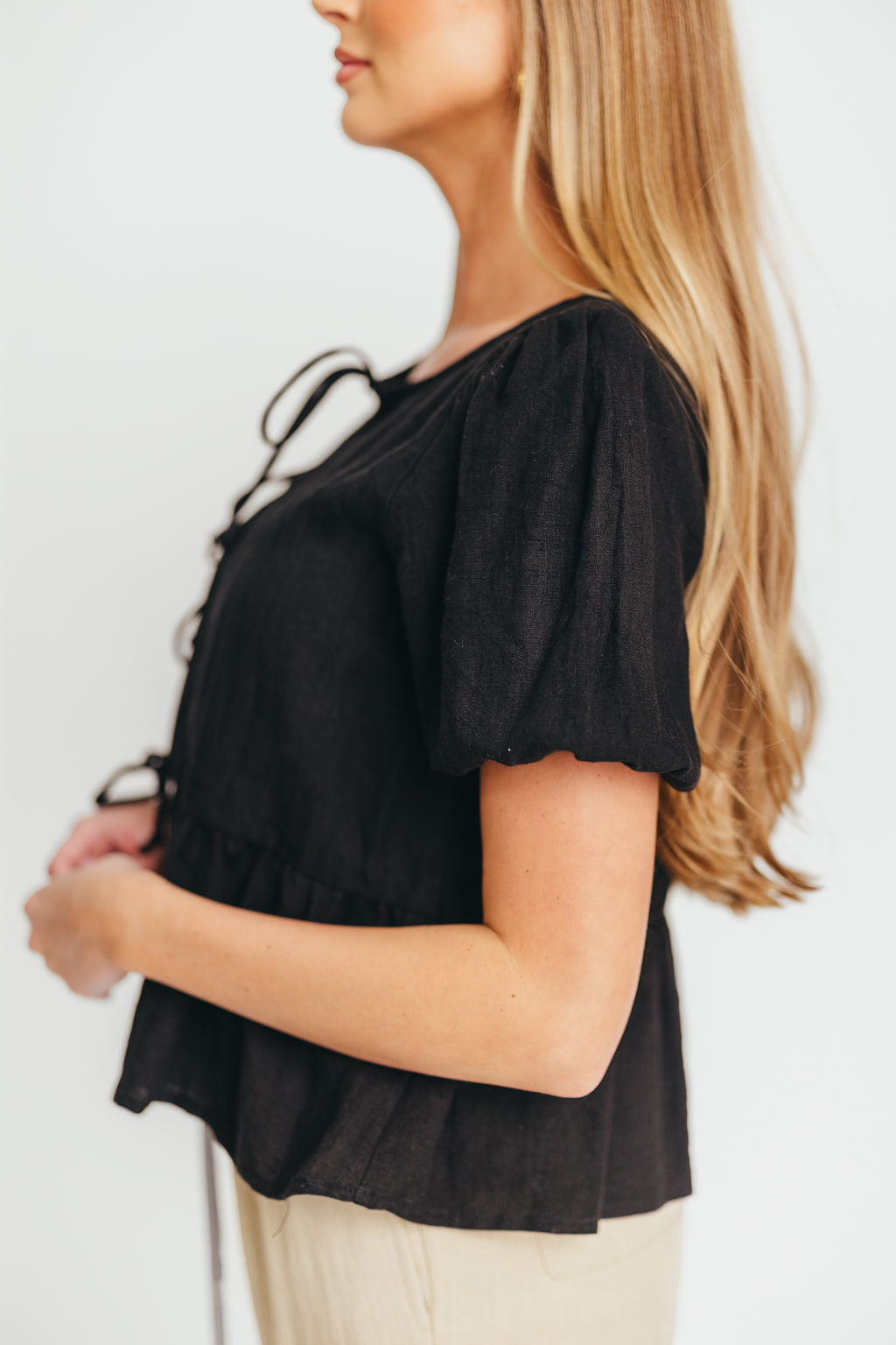 Mylie Tie Top Woven Blouse - Women's Black Button-Up Shirt for Work, Office & Casual Outfits | Stylish & Comfortable Summer Fashion Top