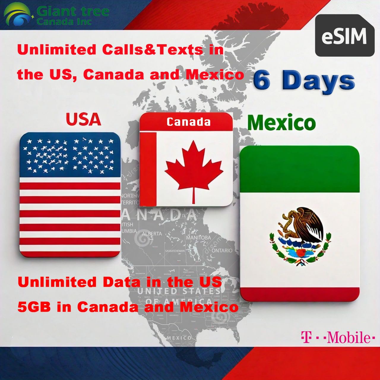 USA Canada Mexico Travel eSIM - Unlimited Data, Calls & Texts with T-Mobile Network (6 Days) | Perfect for International Travelers, Business Trips & Vacation Connectivity