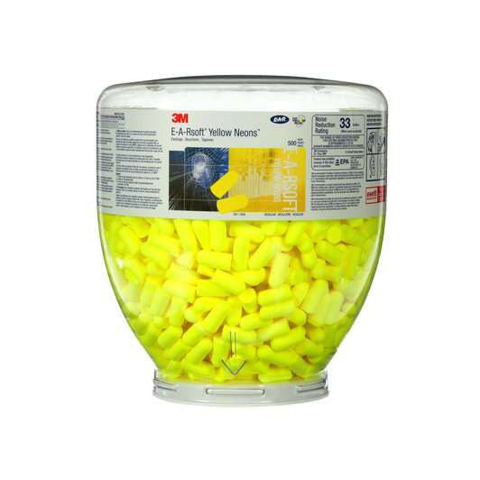 3M 391 1004 E A Rsoft Yellow Neons One Touch Refill Earplugs - 33dB Noise Reduction Rating (NRR), Uncorded Disposable Ear Plugs, Regular Size (500/Bottle) - Perfect for Construction, Concerts, Shooting Range & Sleeping