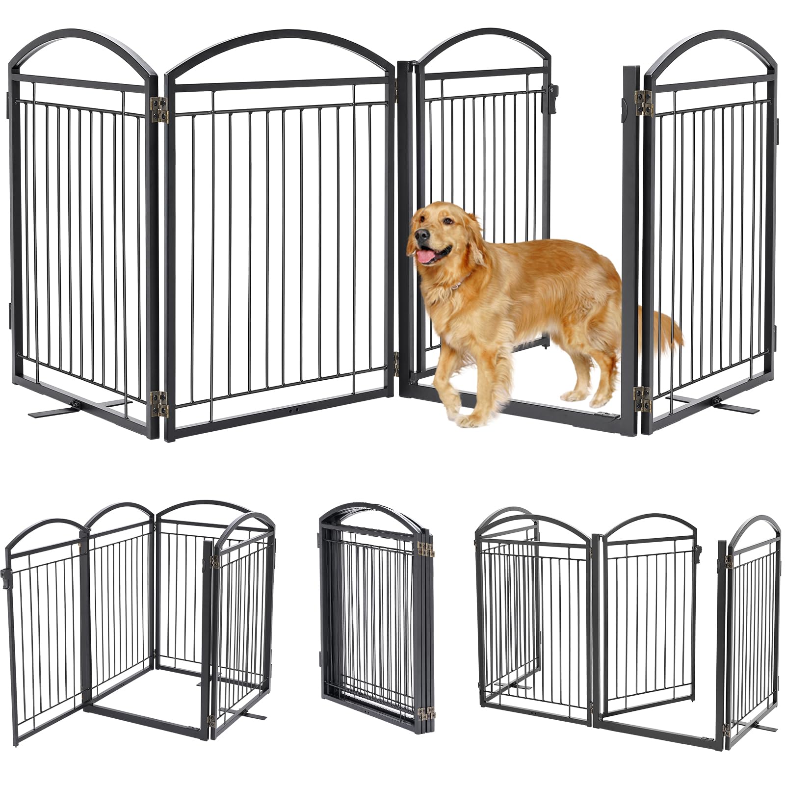 96'' Extra Wide 32'' Tall Full Metal Freestanding Dog Gate with Door - Indoor & Outdoor Pet Safety Fence for Doorways, Large Openings, Decks, Porches - 4 Panels Black for Home, Yard & Staircase Protection