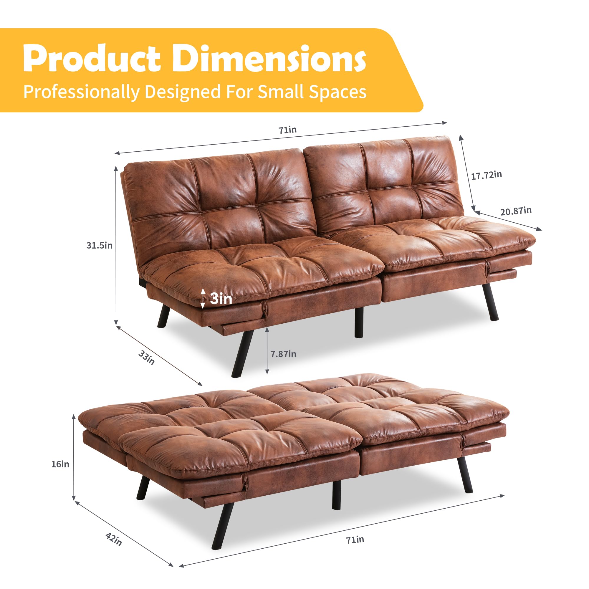 Hcore Leather Futon Couch - Foldable Loveseat Sofa Bed in Natural Brown for Small Spaces, Guest Room & Apartment Living