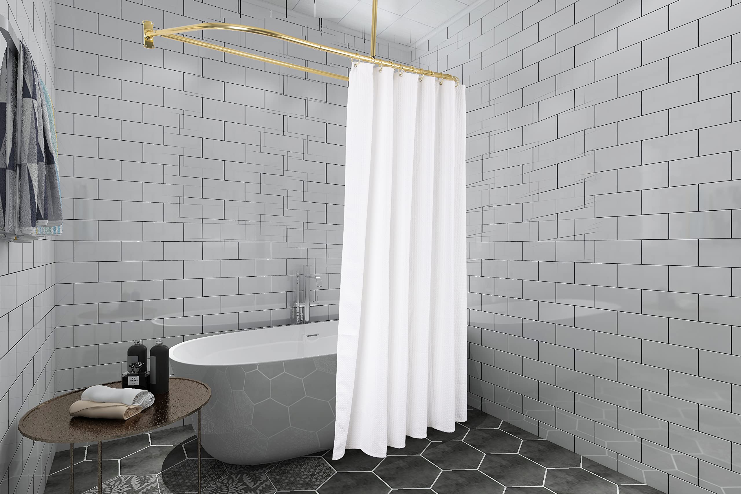 Rustproof Aluminum D-Shaped Shower Curtain Rod with Ceiling Support - Gold Finish (61