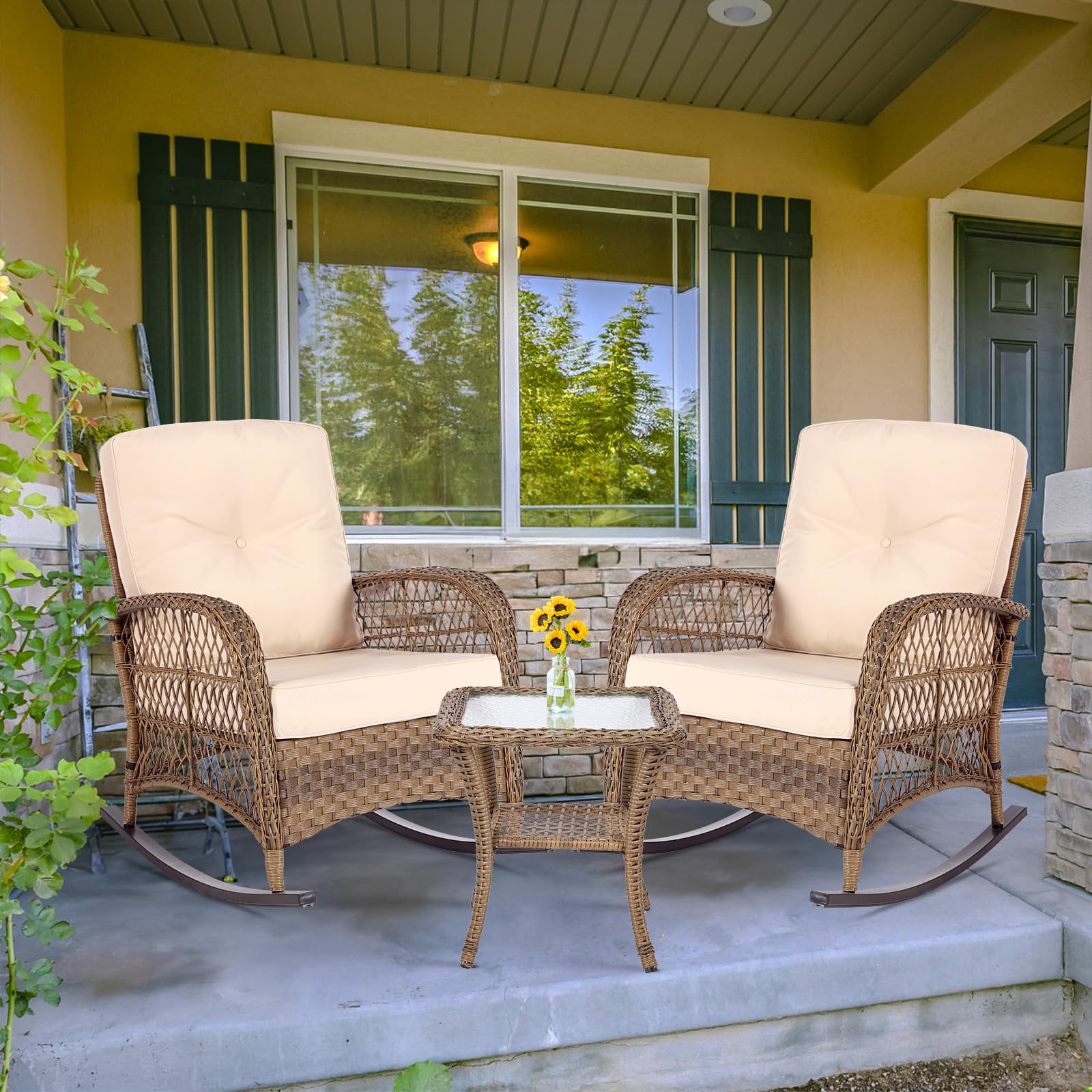 MEETWARM 3-Piece Outdoor Wicker Rocking Chair Set with Cushions & Glass-Top Coffee Table - Beige Rattan Patio Conversation Bistro Set for Porch, Backyard, Garden & Poolside Relaxation