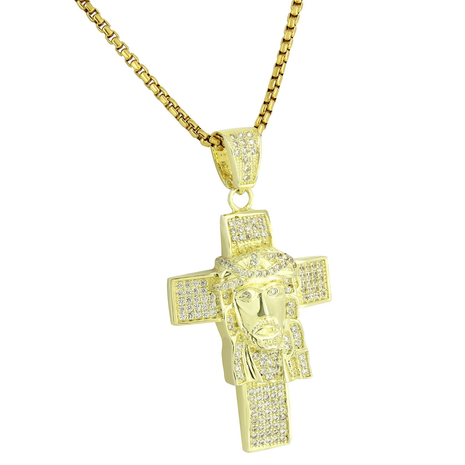 14K Gold Plated Jesus Face Cross Pendant with Simulated Diamonds - 24 Inch Chain Necklace for Men & Women - Perfect for Religious Gifts, Church Wear, and Daily Faith Jewelry