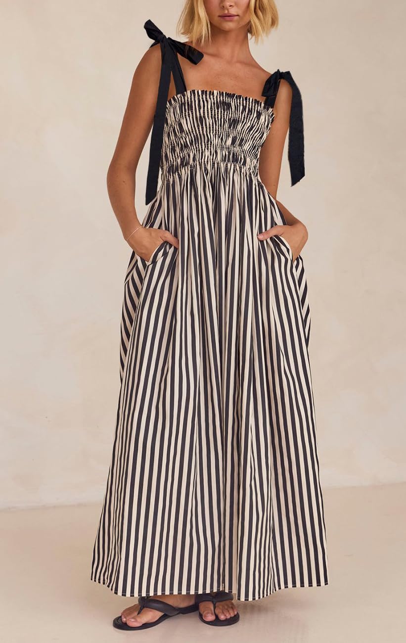 2025 Women's Boho Flowy Summer Maxi Dress - Smocked Tiered Beach Dress with Strap Tie Off Shoulder, Long Sundress for Vacation, Party & Casual Wear