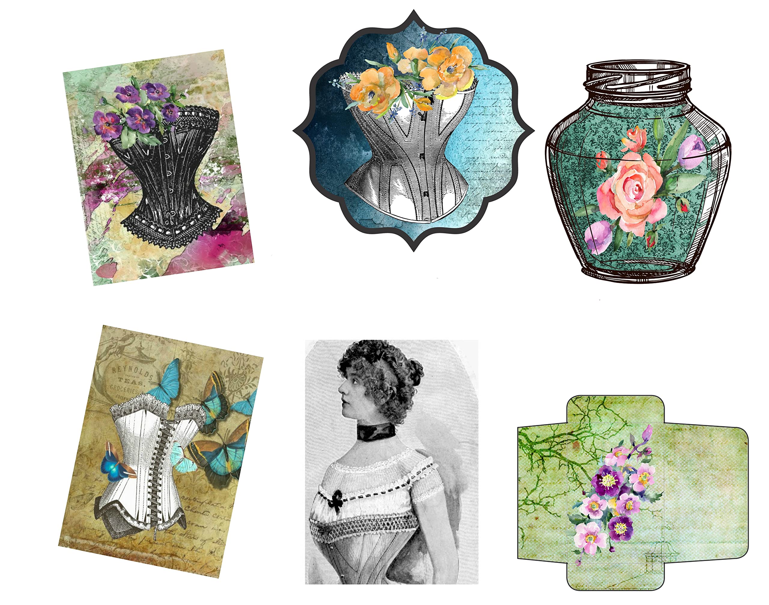 Vintage Corsets & Floral Scrapbook Embellishments Kit - Junk Journal Supplies with Tags, Clipart, Mason Jars & Pockets - 8.5x11