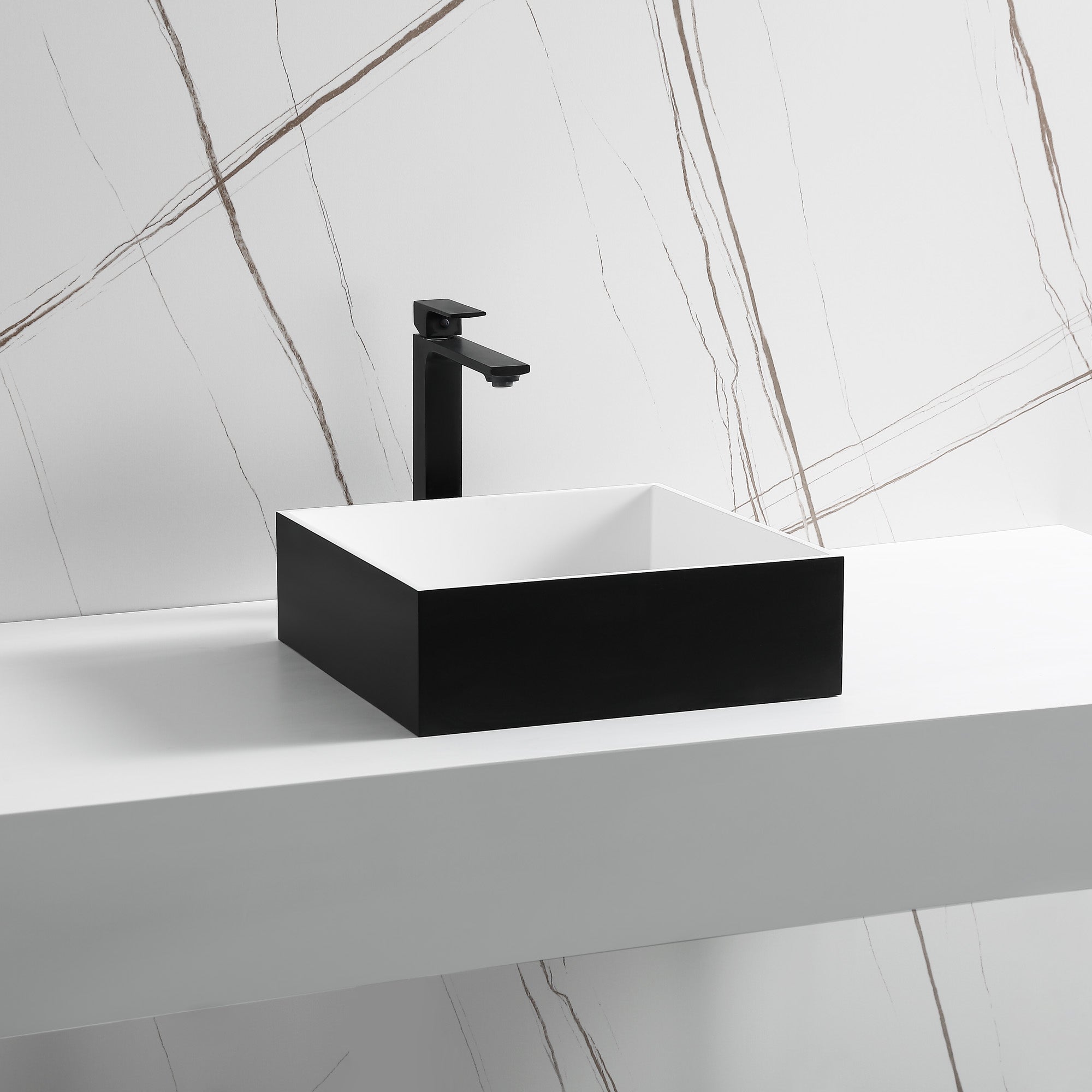 Ancona Square Pure Acrylic Stone Vessel Bathroom Sink - Matte White & Black Modern Countertop Basin - Perfect for Bathroom Vanity, Powder Room, and Luxury Home Decor