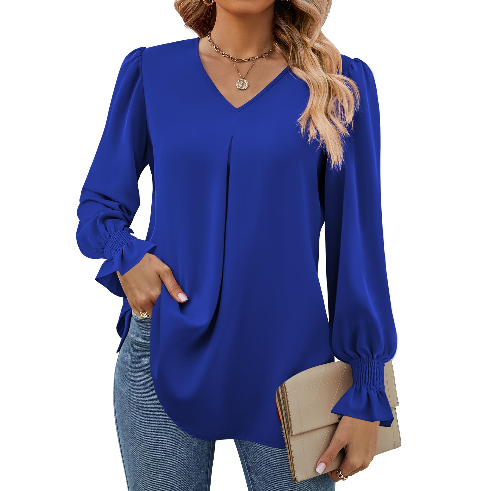 Funlingo Women's 2023 Long Sleeve V-Neck Tunic Blouse - Flowy Chiffon Work Shirt for Office, Date Night & Casual Outfits
