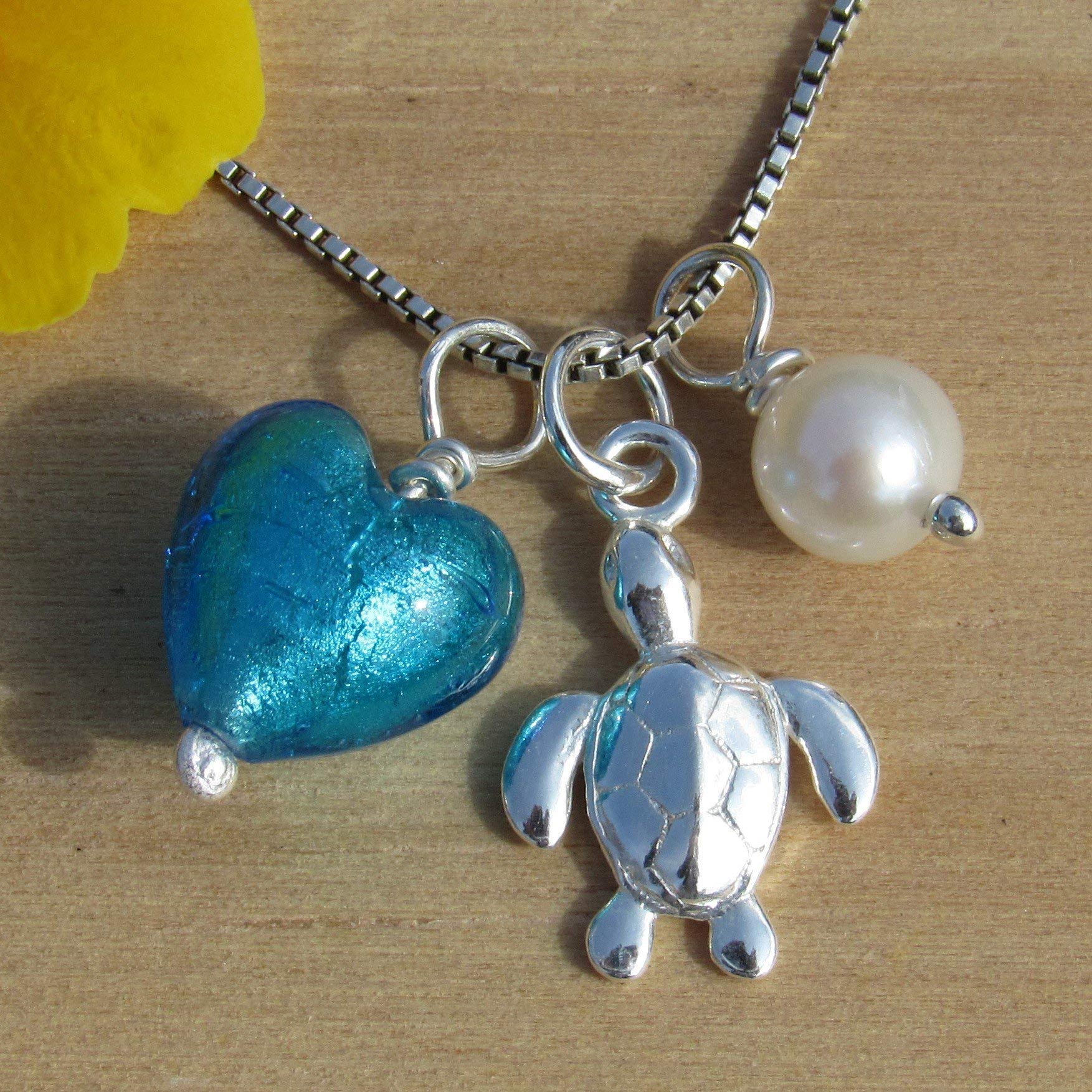 Turtle Charm Necklace - Murano Glass & Pearl for Gifting