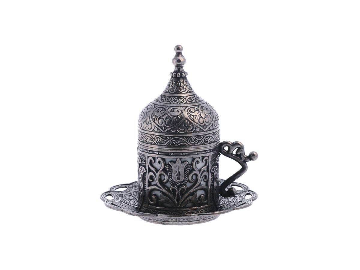 Premium 6-Piece Turkish Coffee Cup Set with Saucers & Lids - Traditional Ottoman Tulip Design (Lale) in Black - Perfect for Home Brewing, Gifts & Coffee Shops