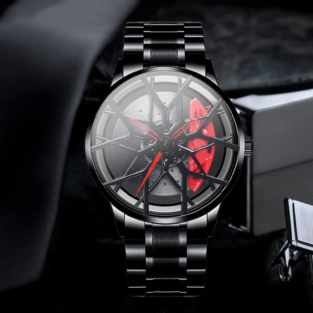 Men's Waterproof Stainless Steel Japanese Quartz Wrist Watch - Car Rim Hub Design Sports Watch for Running, Driving & Outdoor Activities
