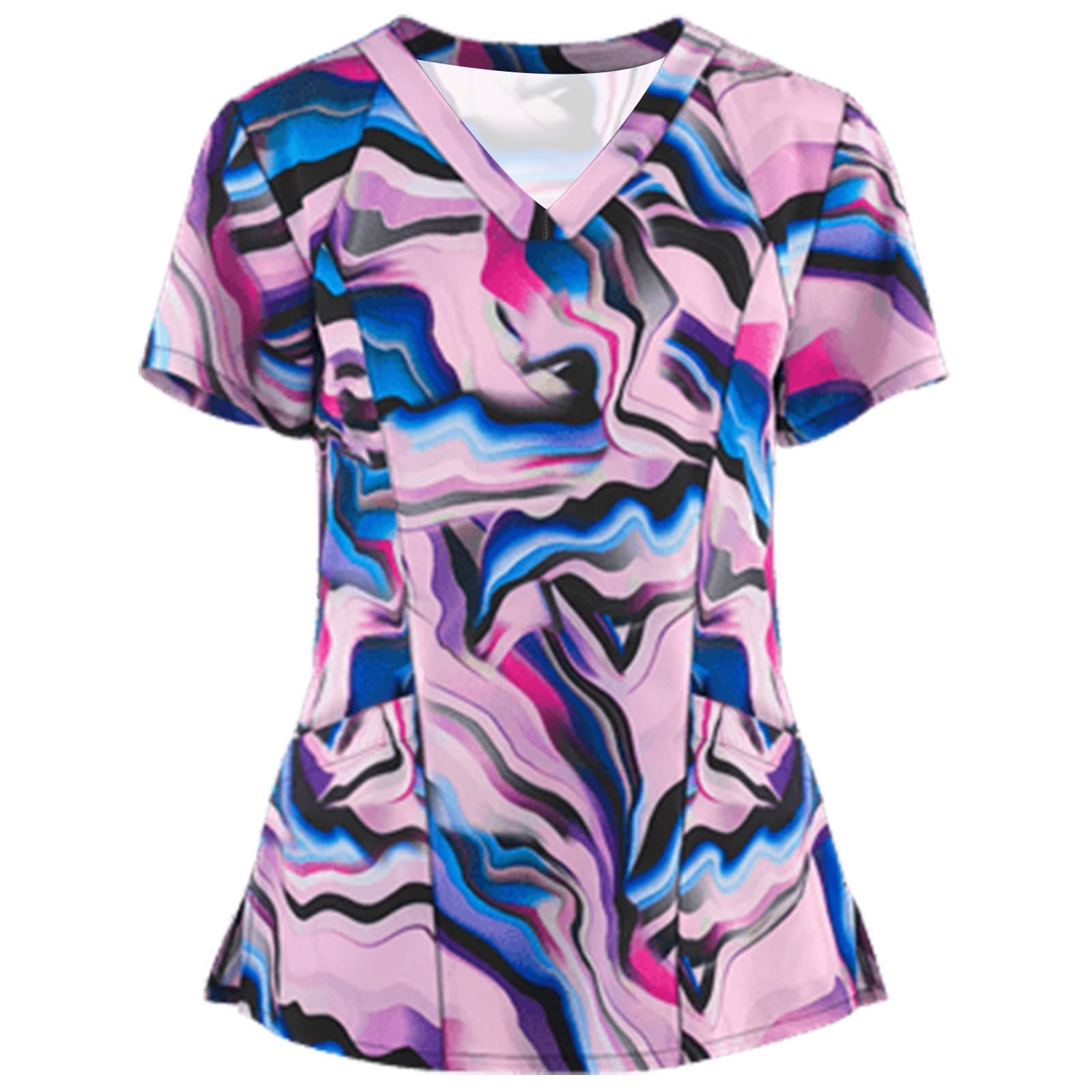 Trendy Women's Summer Short Sleeve V-Neck Loose T-Shirt - Casual Work Blouse with Pocket & Printing - Perfect for Office Wear, Daily Outfits & Summer Fashion
