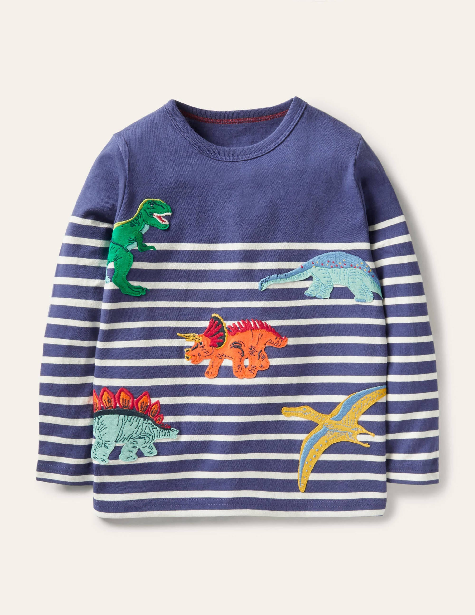Breton Appliqué T-Shirt - Starboard Blue & Ivory Dinosaur Print - Casual & Stylish for Everyday Wear, Kids Fashion, and Playtime Outfits