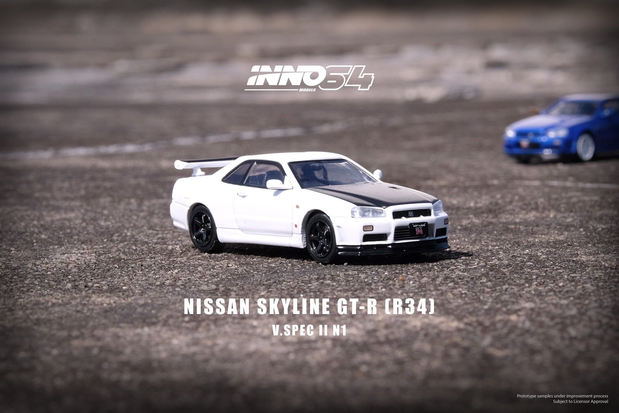 INNO64 1:64 Scale Diecast Nissan Skyline GTR R34 V Spec II N1 Model Car - White - Collectible Miniature for Display, Racing Enthusiasts & Car Lovers
