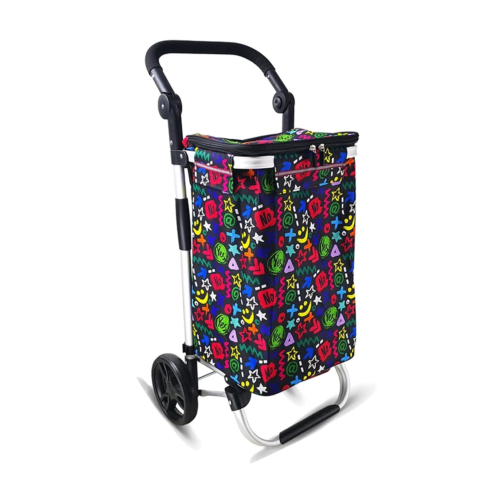 Foldable Collapsible Wagon Cart with 45L Fabric Bag & All-Terrain Wheels - Heavy Duty Utility Grocery Shopping Cart, Stair Climbing Laundry Cart for Supermarket, Beach, Picnic & Outdoor Activities (Graffiti Design)