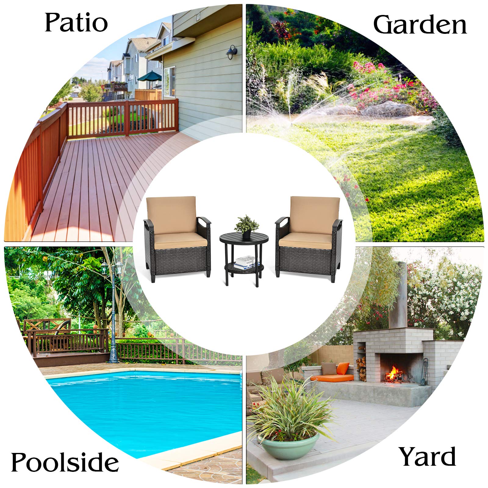 Tangkula 3-Piece Rattan Patio Furniture Set with Coffee Table - Outdoor Wicker Sofa Conversation Set with Cushions, Durable Steel Frame - Perfect for Garden, Backyard, Balcony, Poolside & Outdoor Entertaining