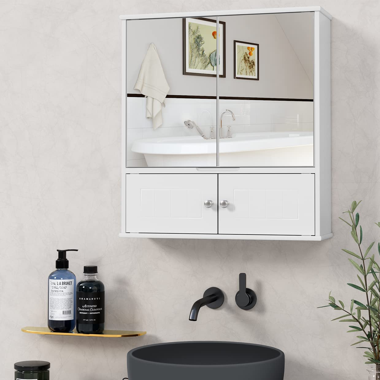 White Wooden Bathroom Medicine Cabinet with Double Mirror Doors - Adjustable Shelf Wall Mounted Storage Cabinet for Bathroom, Living Room & Bedroom - Perfect for Organizing Toiletries, Cosmetics & Essentials