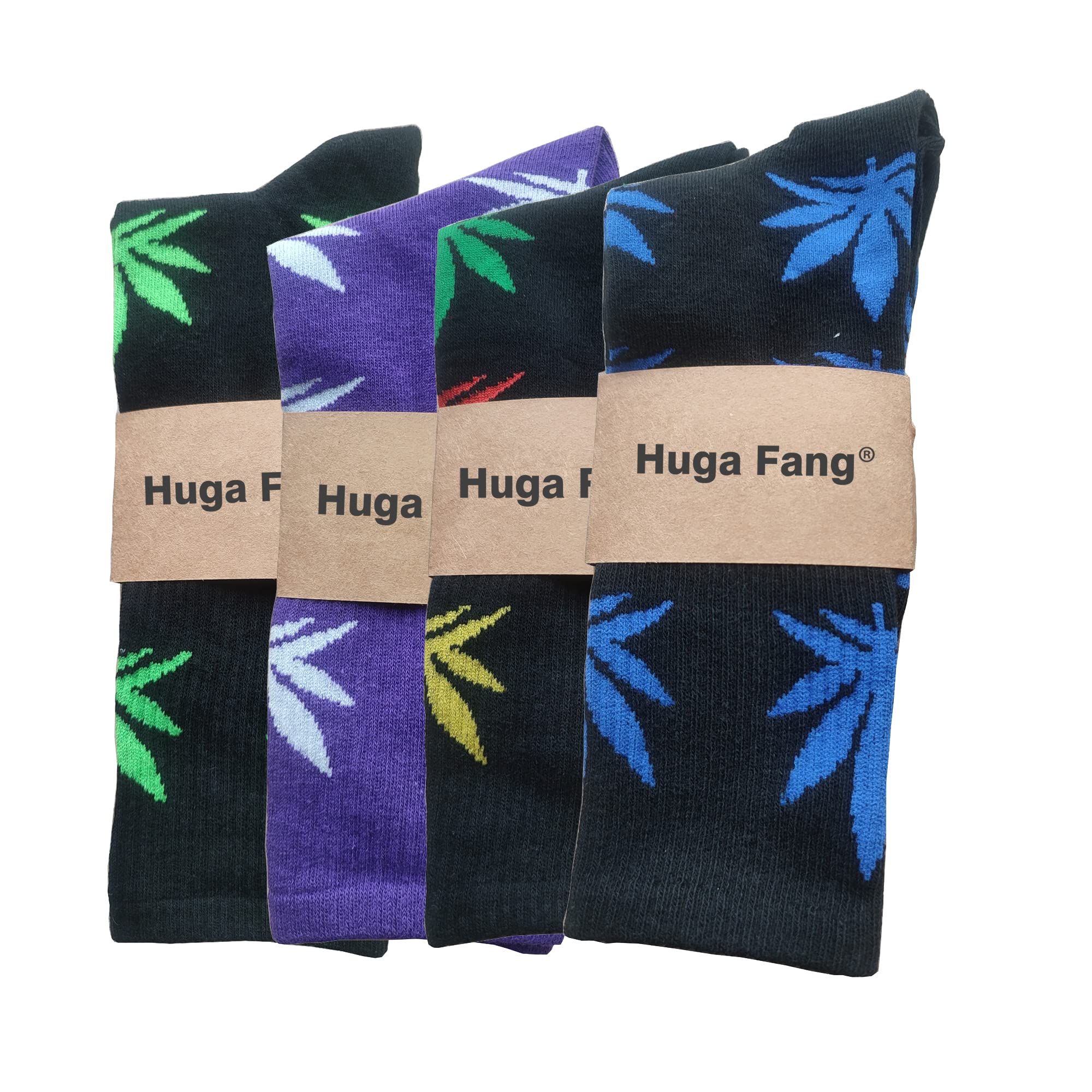 Huga Fang 4 Pairs Marijuana Leaf Print Cotton Crew Socks for Men & Women - Breathable Athletic Sports Socks for Running, Gym, Casual Wear & Festival Outfits