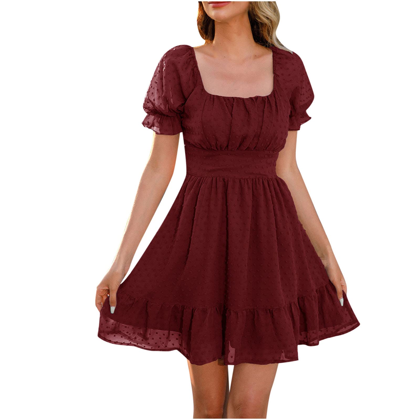 Women's Summer Short Puff Sleeve Ruffle Skater Mini Dress - Square Neck A-Line Beach Party Dress for Casual Outings, Vacations & Date Nights