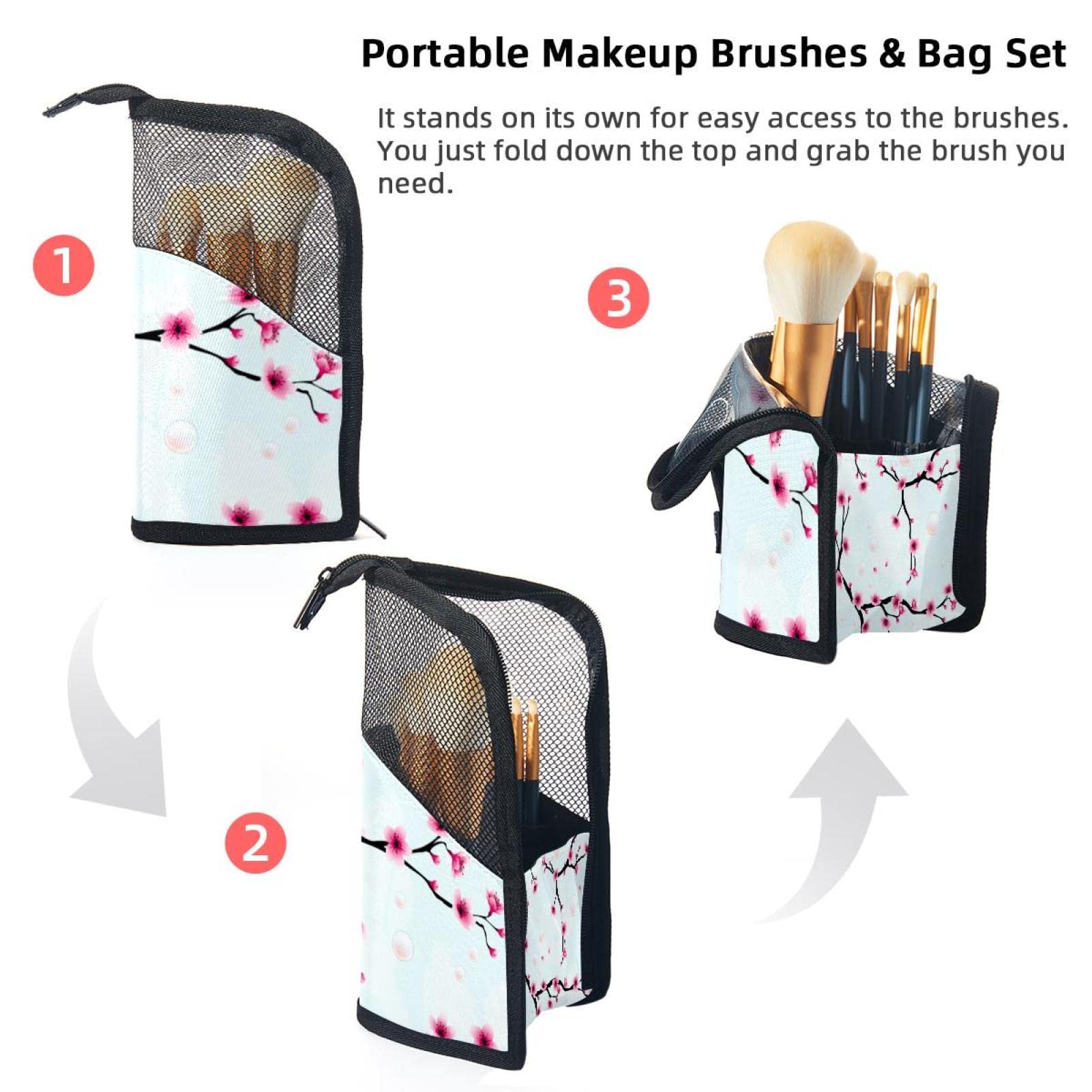 12-Piece Makeup Brush Organizer Bag with Portable Holder Case - Peach Blossom Floral Design for Travel & Home Storage | Perfect for Makeup Artists & Beauty Enthusiasts