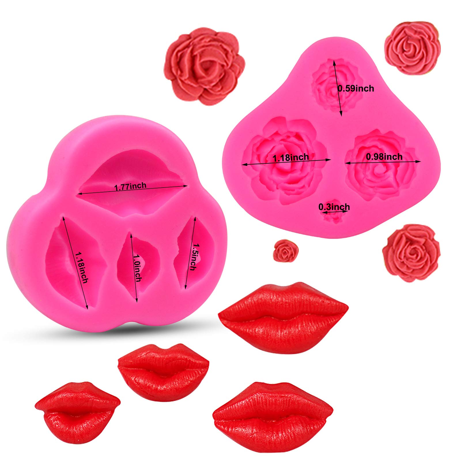4-Piece Rose Heart Lips Dot Silicone Molds for Fondant, Gum Paste, Candy & Chocolate - DIY Cake Decorating, Sugar Crafts, Cupcake Toppers & Wedding Desserts