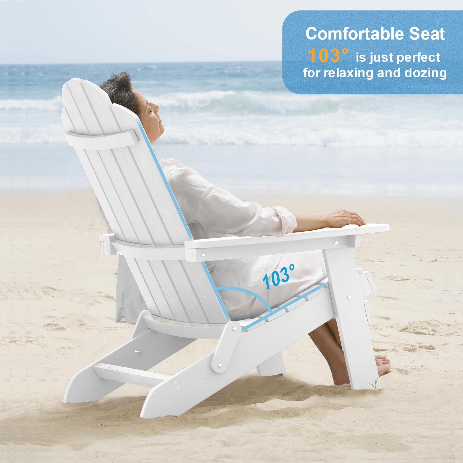 MXIMU Folding Adirondack Chair - White Plastic Outdoor Lounge Chair for Backyard, Deck, Garden, Camping & Fire Pit - Comfortable Lawn Seating for Relaxation & Outdoor Gatherings