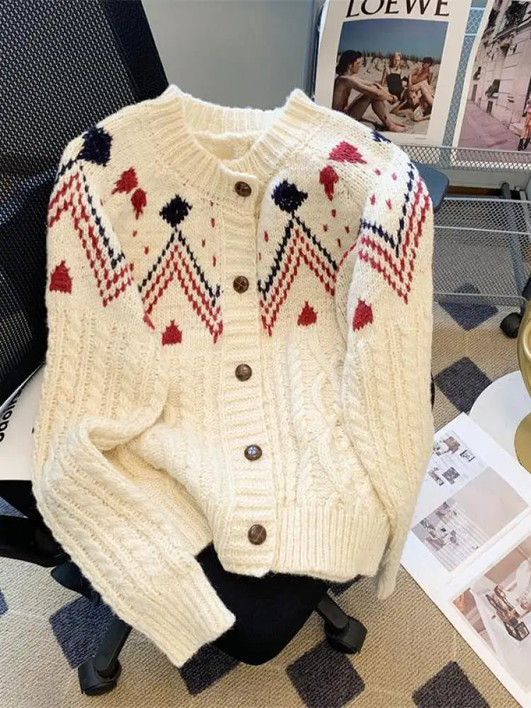Vintage White Patchwork Cardigan Sweater for Women - Korean Style Pink Long Sleeve Knit Top | Cozy Winter Fashion, Casual Outfit, Office Wear, Date Night Outfits