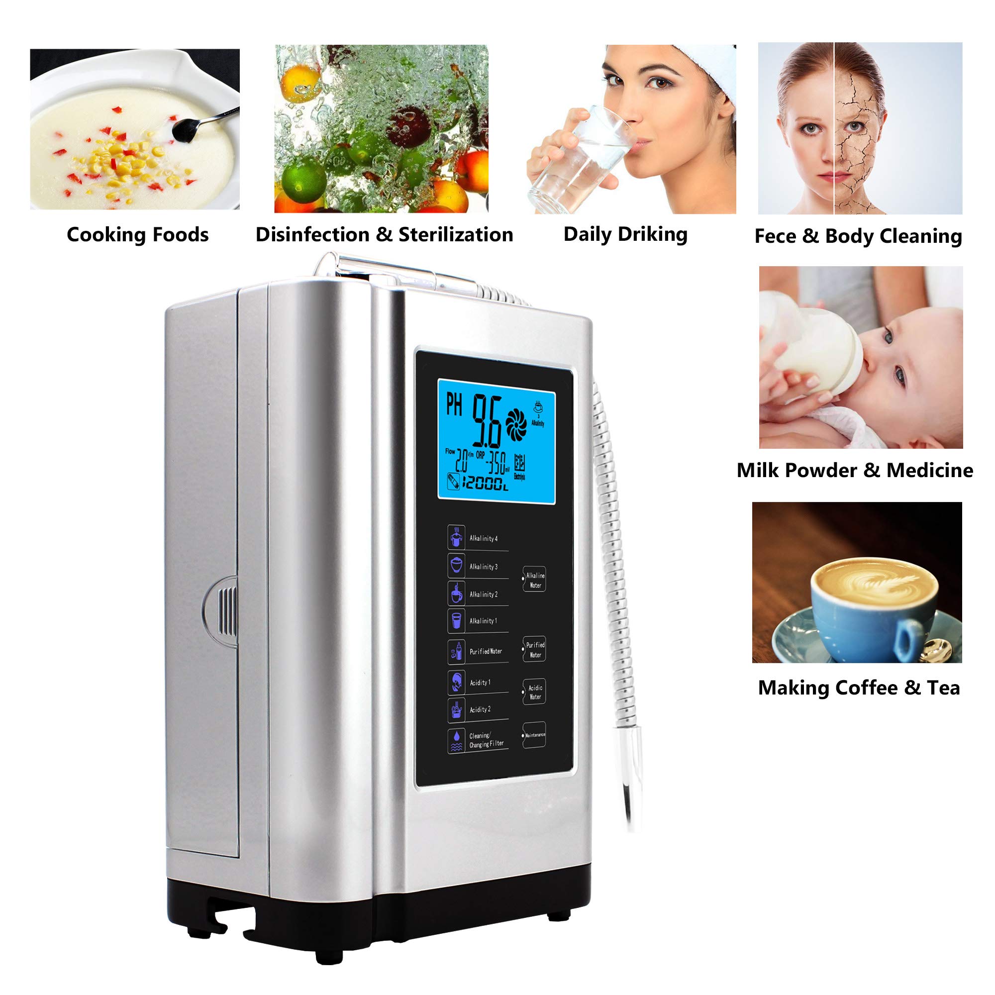 Premium AlkaDrops Water Ionizer & Purifier Machine - pH 3.5-10.5 Adjustable, -500mV ORP, 6000L Filter Capacity, 7 Settings, Auto-Clean Function, Smart Voice Control (Silver) - Perfect for Home, Office & Health-Conscious Lifestyles