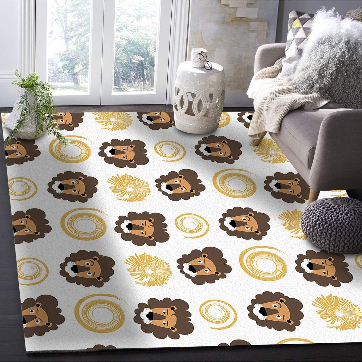 Cute Cartoon Animal Lion Area Rug - Soft Washable Non-Slip Carpet for Kids Bedroom, Living Room, Nursery & Playroom | 5.3ft x 4ft Cozy Floor Mat for Boys Girls Room Decor