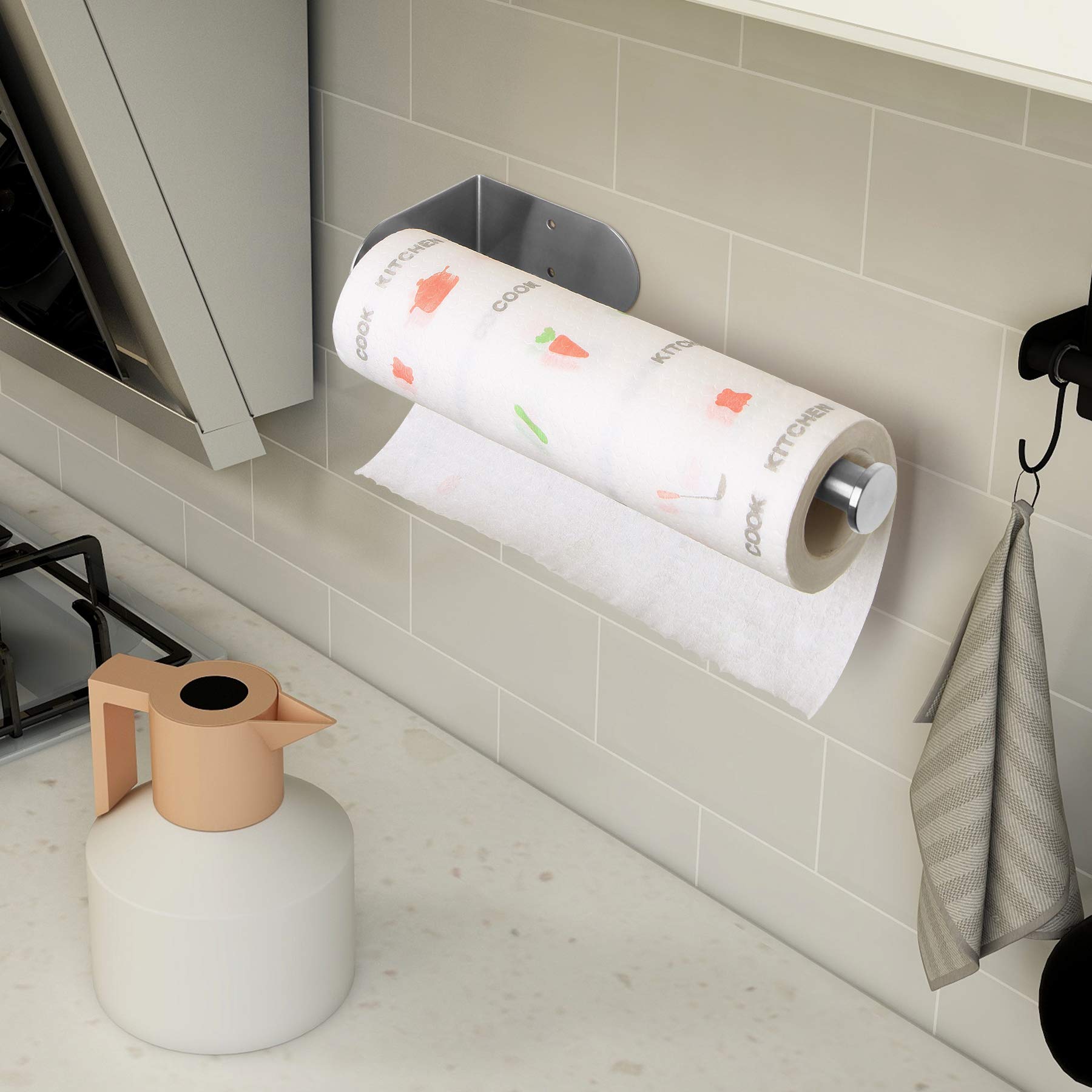 OBODING Wall Mounted Kitchen Roll Holder - Under Cabinet Paper Towel Holder with Self Adhesive for Kitchen Organization & Storage (Silver) | Perfect for Small Spaces & Apartment Kitchens