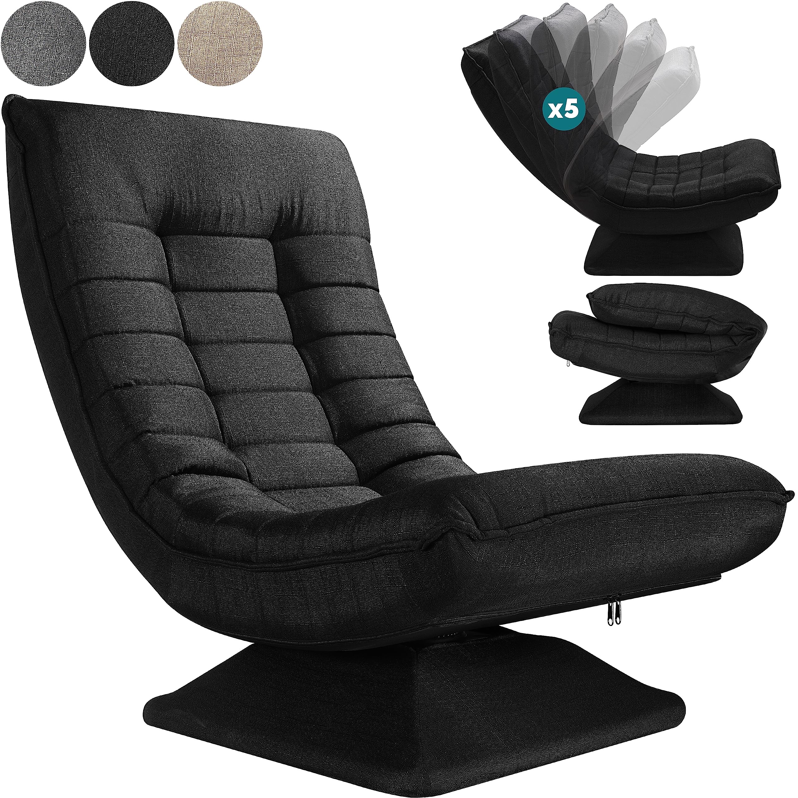 CASARIA® Adjustable Backrest 360° Swivel Floor Chair - Foldable, Black Upholstered, Supports up to 150kg (60x105x87cm) - Perfect for Living Room, Bedroom, Gaming & Meditation