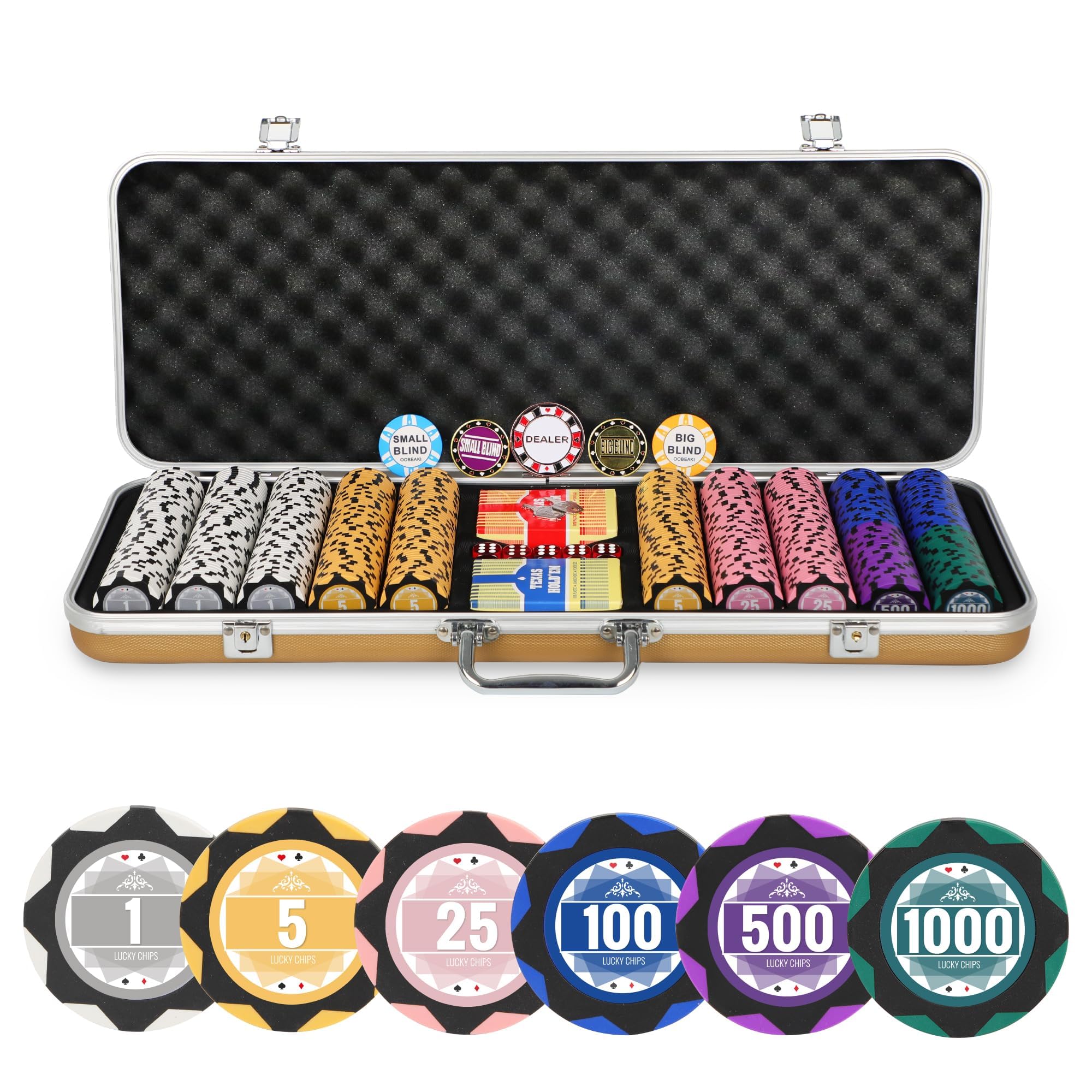 ORIENGEAR 500-Piece 14g Clay Poker Chip Set with Numbered Denominations - Includes 2 Decks of Plastic Playing Cards & Golden Case - Perfect for Texas Hold'em, Blackjack, Casino Nights & Home Poker Games