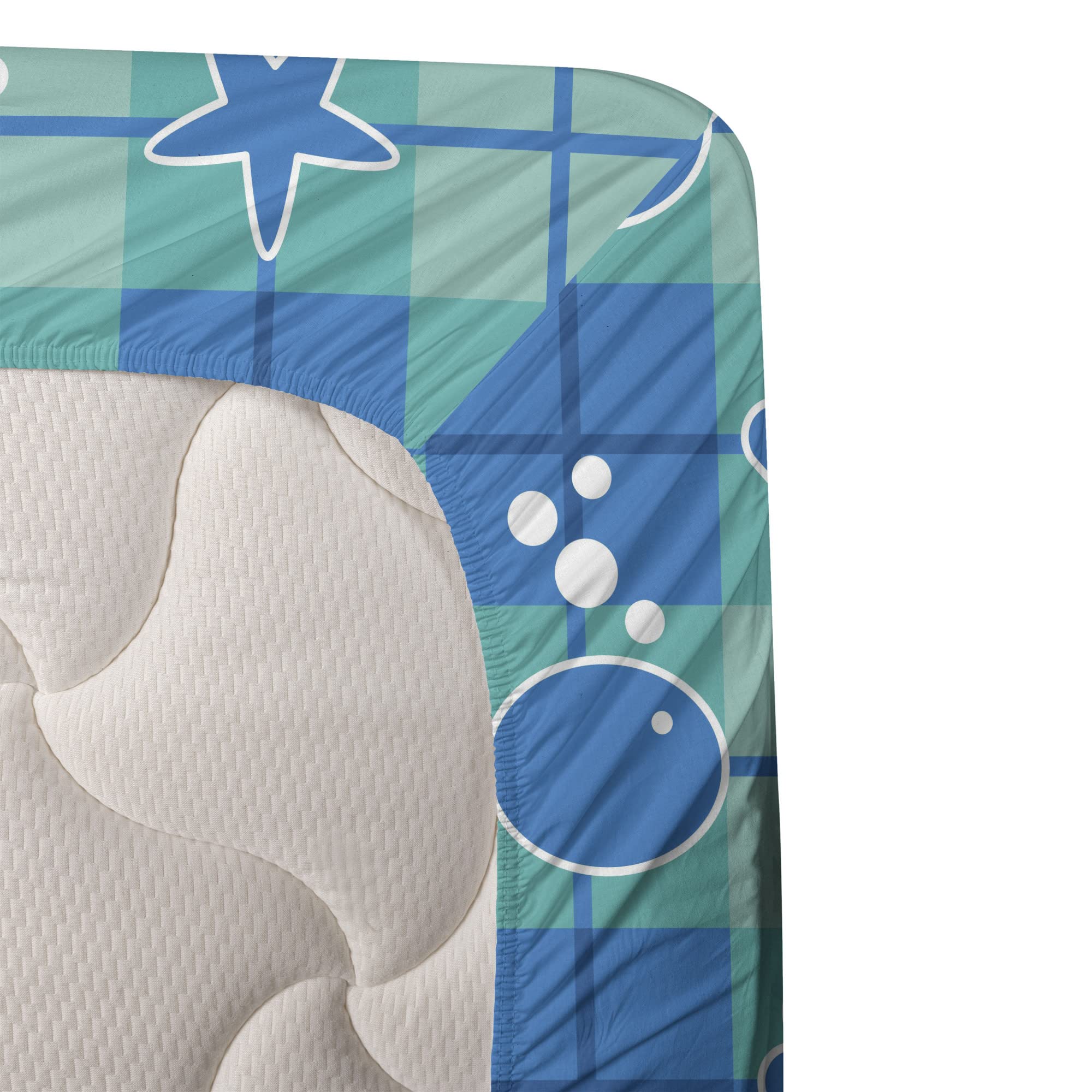 Ambesonne 3-Piece Sea Shells Bed Sheet Set - Twin Size Plaid Pattern with Cartoon Marine Silhouettes, Fish, Starfish & Bubbles - Fitted Sheet, Flat Sheet & Pillowcase in Mint Green, Blue & White | Perfect for Beach Themed Bedrooms, Coastal Decor & Vacation Homes