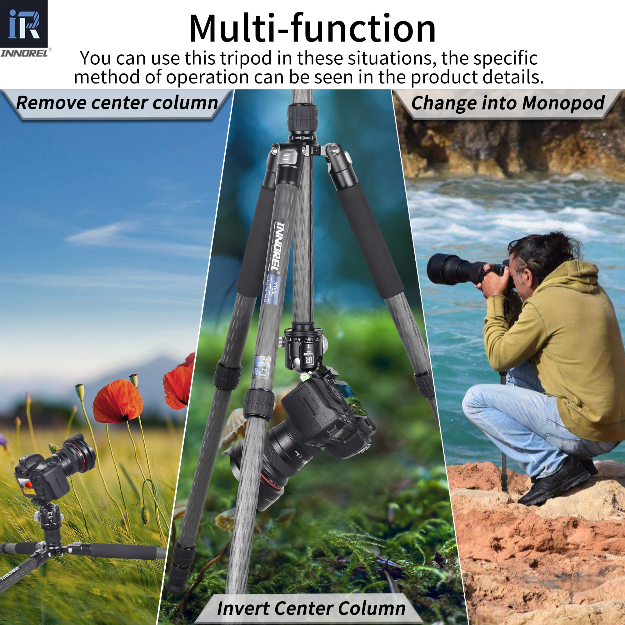 INNOREL RT85C Carbon Fiber Tripod - Heavy Duty DSLR Camera Stand with Monopod, No Ballhead | Professional Photography, Videography & Outdoor Shooting