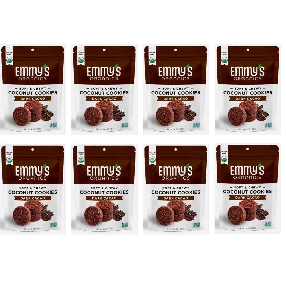 Emmy's Organics Dark Cacao Coconut Cookies - Gluten Free, Organic, Vegan, Paleo Friendly Snacks (8 Pack) | Healthy Dessert for Weight Loss, Keto Diet & On-the-Go Energy Boost