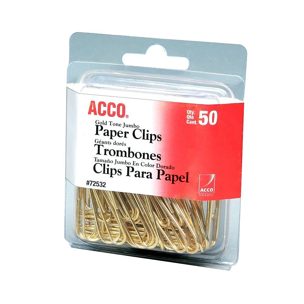 ACCO Jumbo Smooth Gold Paper Clips - 50 Clips per Box (72532) - Perfect for Office, School & Home Organization