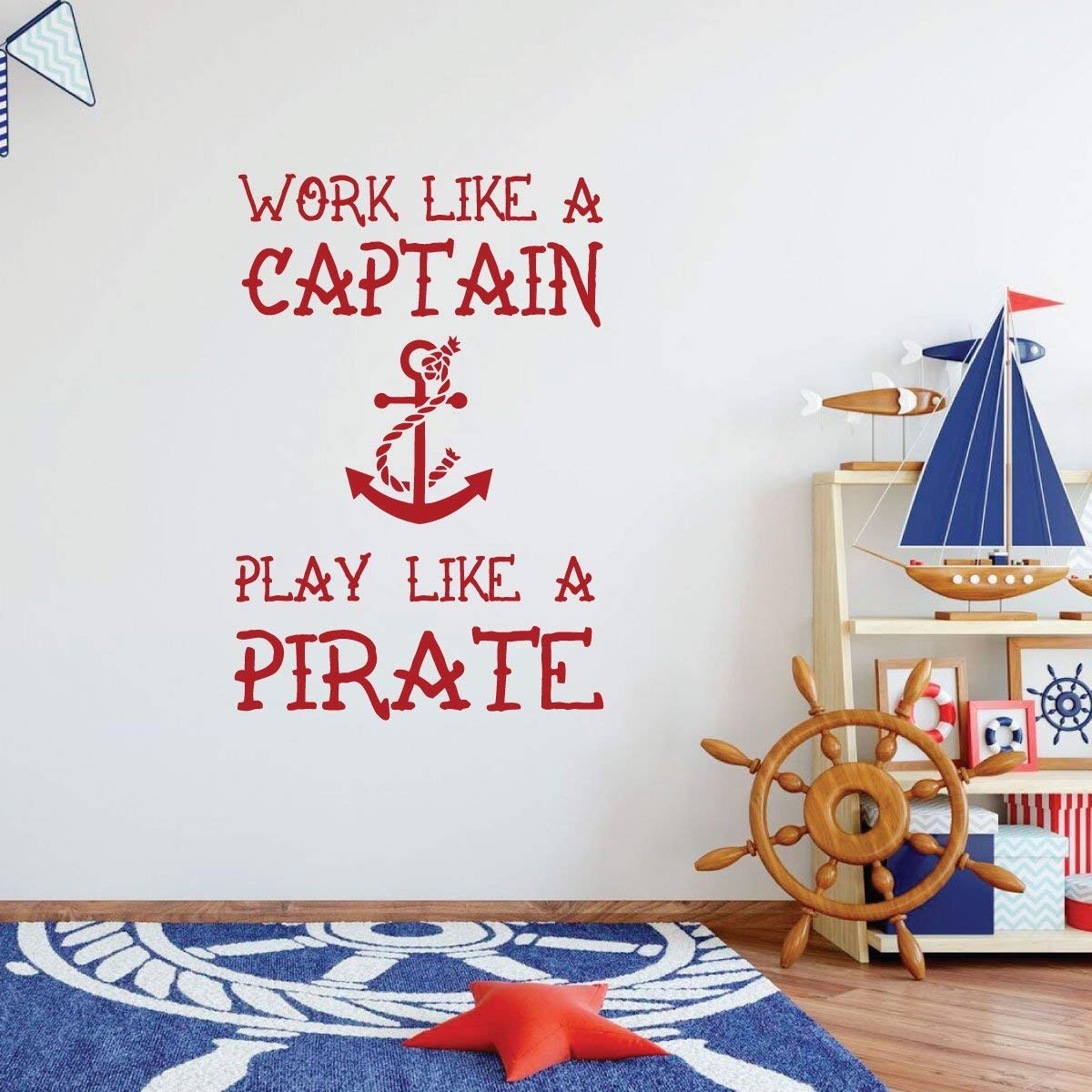 Playroom Wall Decal - Work Like A Captain Play Like A Pirate - Removable Vinyl Wall Art for Kids' Bedroom, Nursery & Children's Room Decor - Perfect for Pirate Themed Birthday Parties & Nursery Wall Stickers