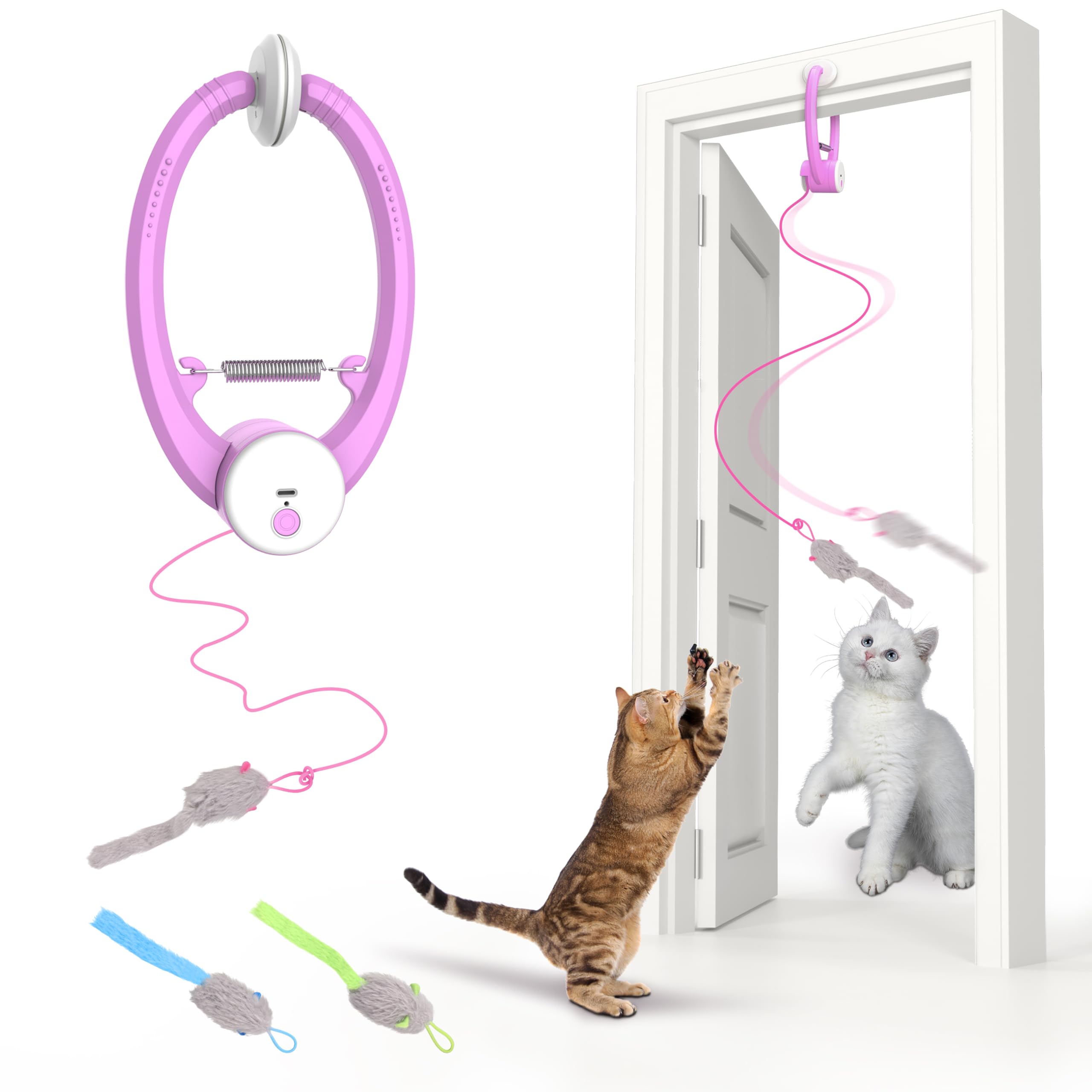Interactive Cat Feather Toys for Indoor Cats - Retractable Teaser Toy with 3 Plush Mice for Play, Chase & Exercise - Automatic Mental Stimulation for Kittens (Pink) | Perfect for Playtime, Training & Bonding with Your Feline Friend