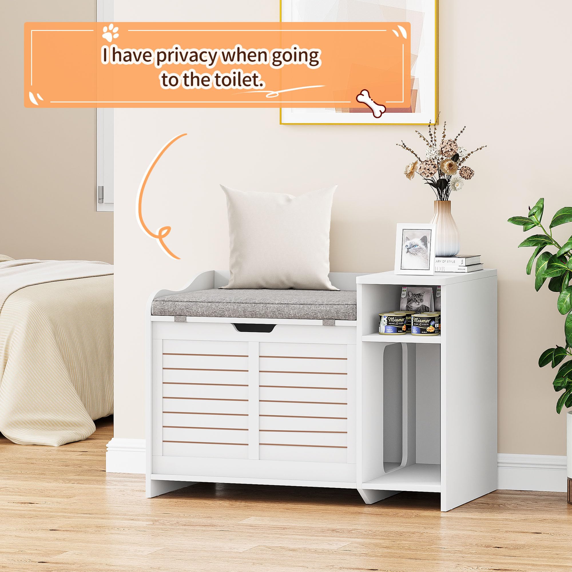 IDEALHOUSE Cat Litter Box Enclosure Furniture - White Hidden Litter Box Cabinet with Top Opening & Cushion - Stylish Cat House for Privacy & Odor Control - Perfect for Living Rooms, Bedrooms & Small Spaces