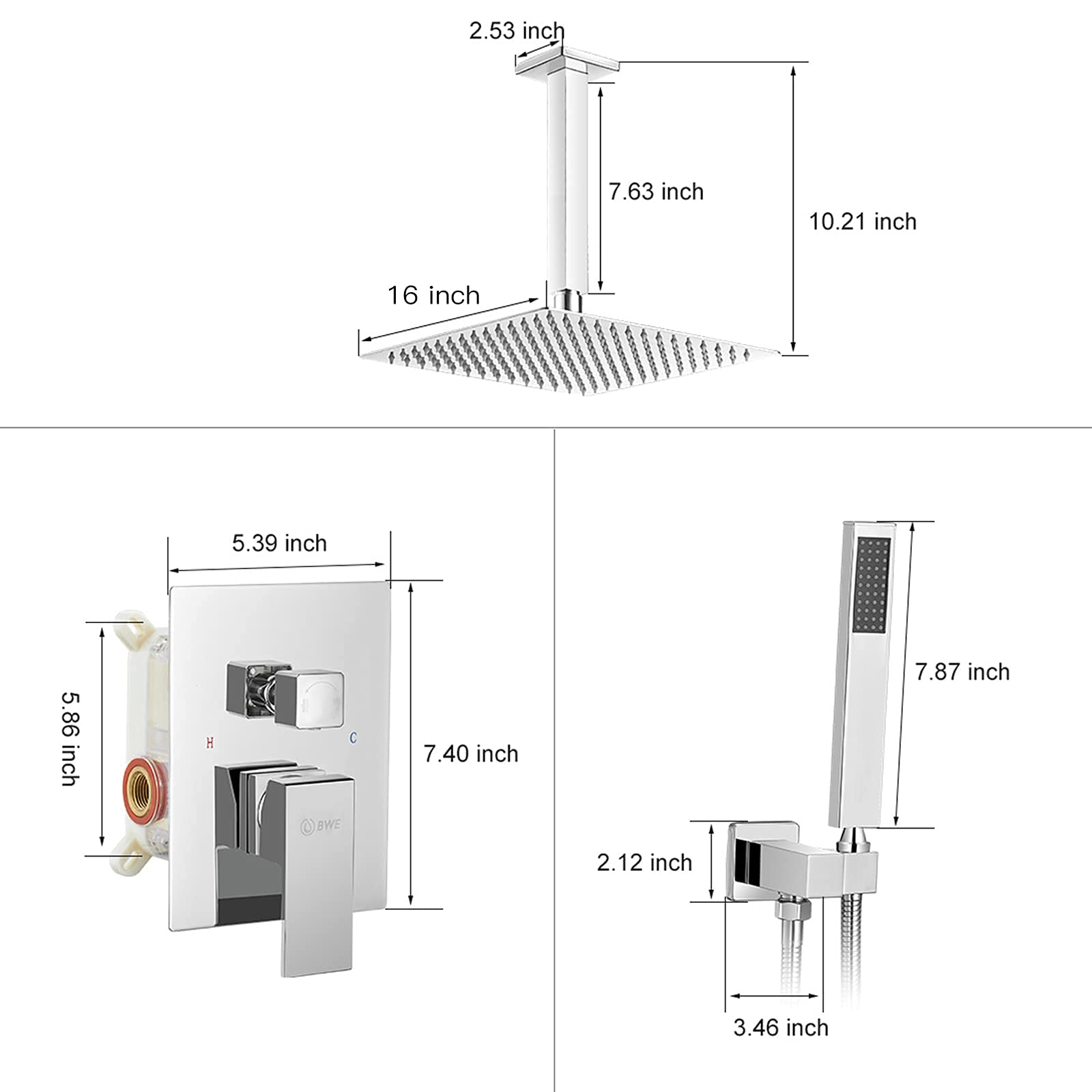 BWE 16 Inch Ceiling Mounted Luxury Shower System - Chrome Rainfall Shower Head with Handheld Spray, Modern Bathroom Mixer Combo Set (Includes Rough-in Valve Body & Trim) - Perfect for Spa-Like Showers and Contemporary Bathroom Upgrades
