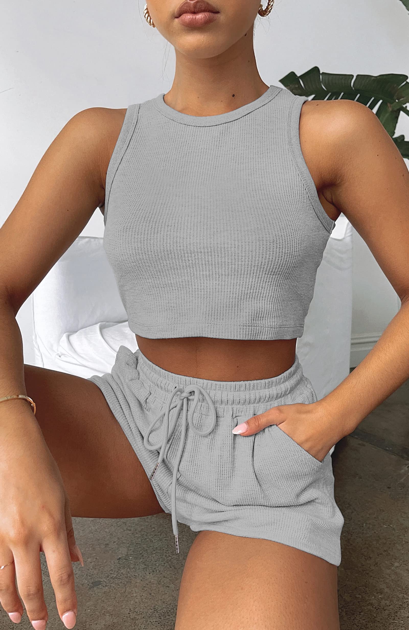 Lingswallow 2 Piece Women's Lounge Set - Sleeveless Crop Top & Waffle Knit Shorts | Comfortable Tracksuit for Yoga, Sleep & Home Relaxation | Women's Sweatsuit Outfit