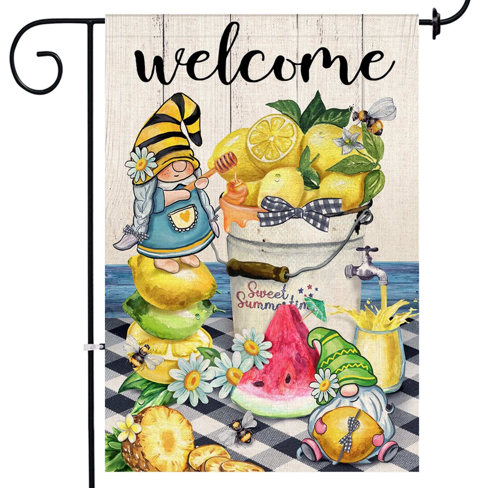 Double Sided Summer Garden Flag - 12x18 Inch Bonsai Tree Design with Lemon Gnomes, Watermelon & Pineapple Patterns | Seasonal Burlap Yard Decor for Pool, Lawn & Outdoor Home Decoration | Perfect for Summer Parties, Patio & Backyard Decor