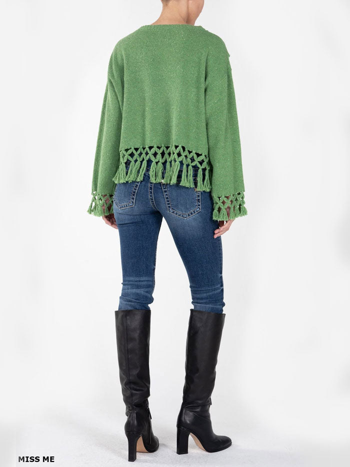 Miss Me MSW0421L Women's Knitted Fringe Sweater - Green Cozy Pullover for Fall & Winter | Perfect for Casual Outings, Date Nights & Holiday Gatherings