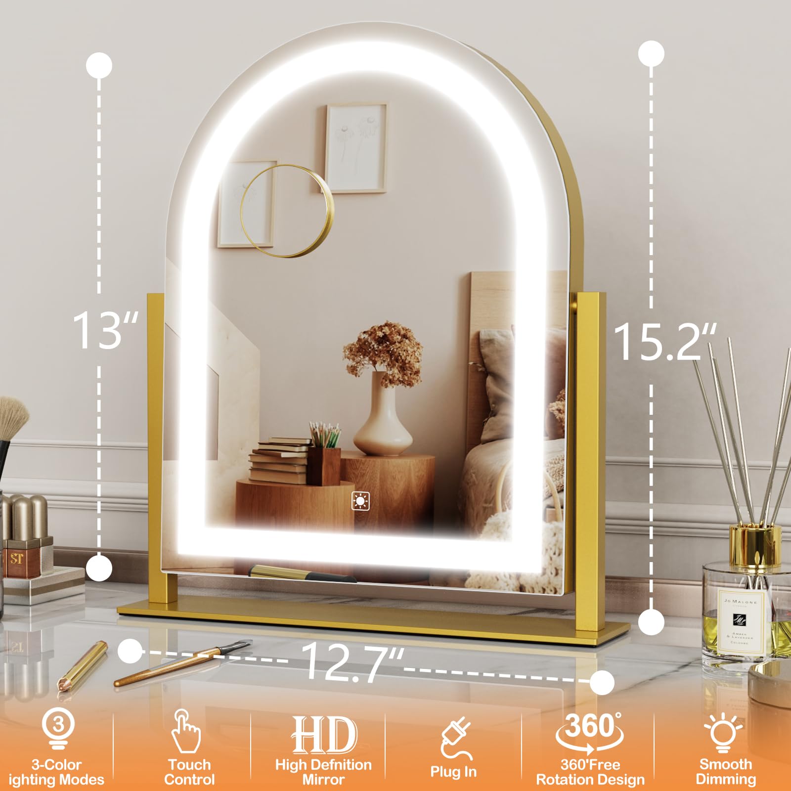 Hollywood Vanity Mirror with LED Lights - 3 Color Lighting Modes, 10X Magnification Detachable Mirror, Smart Touch Control & 360° Rotation (15.2