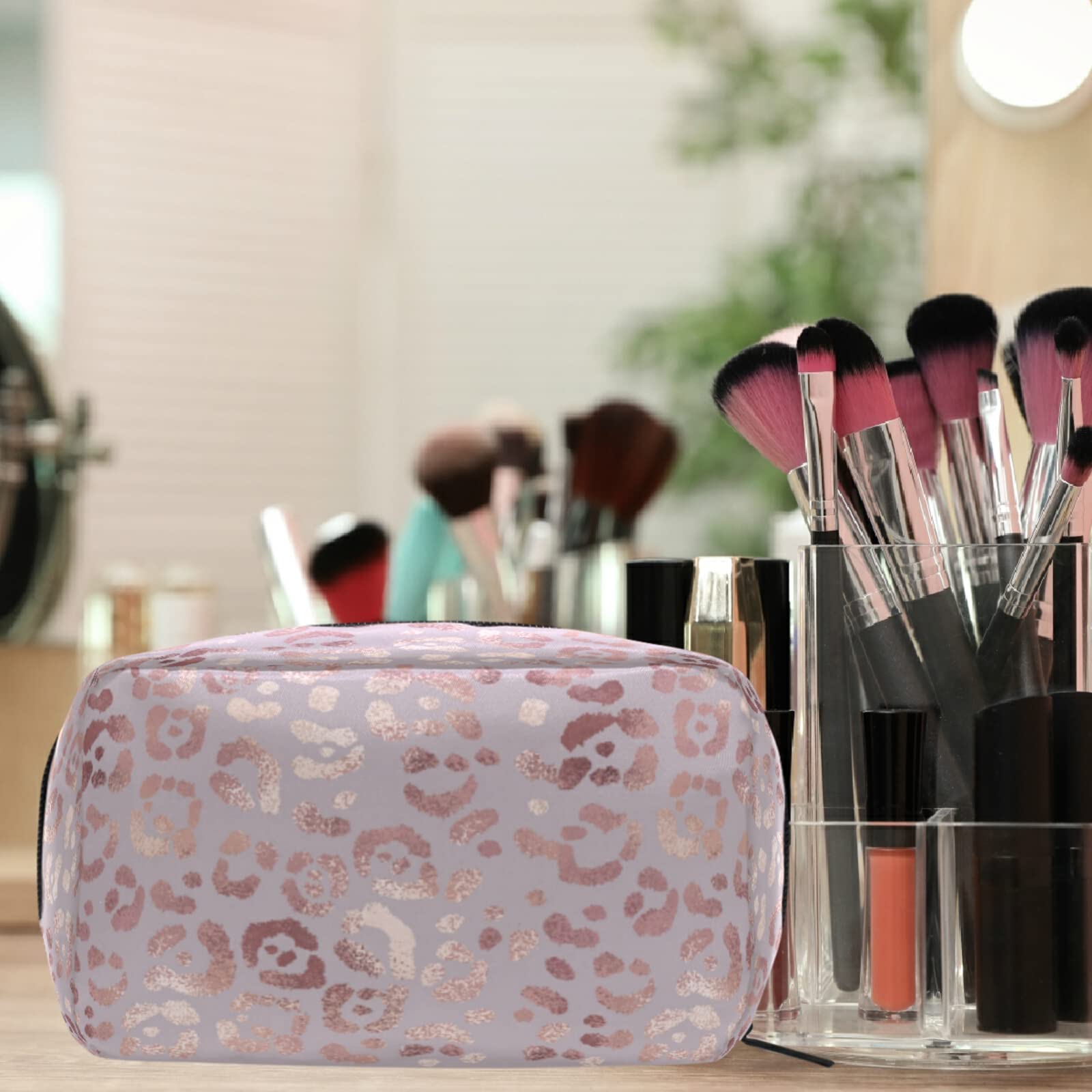 Stylish Rose Gold Leopard Makeup Bag for Women & Girls - Travel Cosmetic Organizer with Multiple Compartments - Perfect for Toiletries, Makeup Storage & On-the-Go Essentials