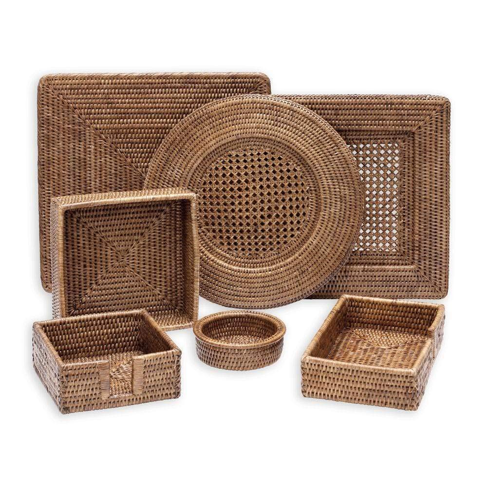 Caspari Rattan Round Plate Charger Set of 4 - Dark Natural Brown Dinner Plates for Wedding, Party & Home Decor - Eco-Friendly Placemats for Table Setting