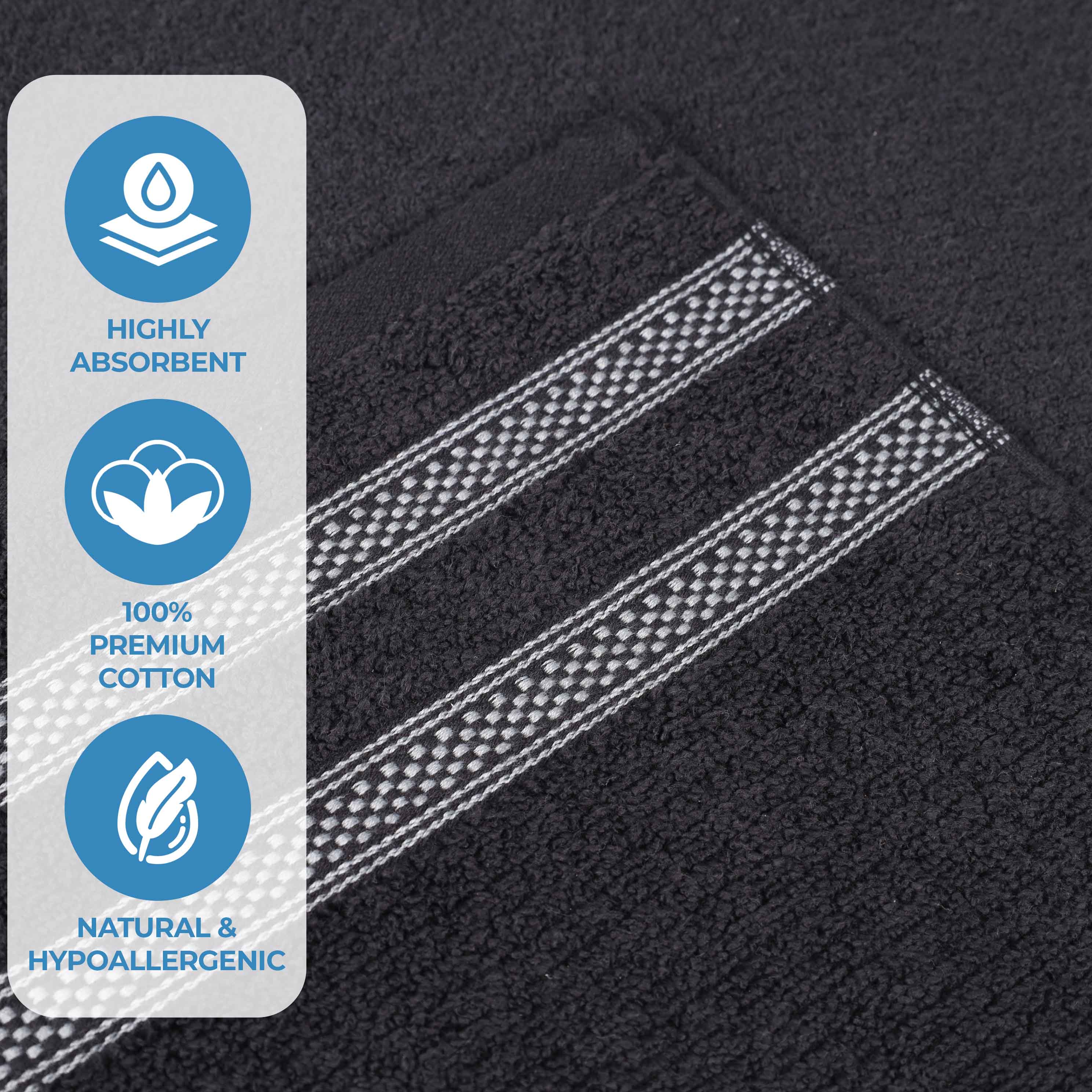 12-Pack Zero Twist Cotton Ribbed Geometric Border Plush Face Towels | Ultra Soft Bath & Hand Towels for Spa, Gym, Travel & Home Use