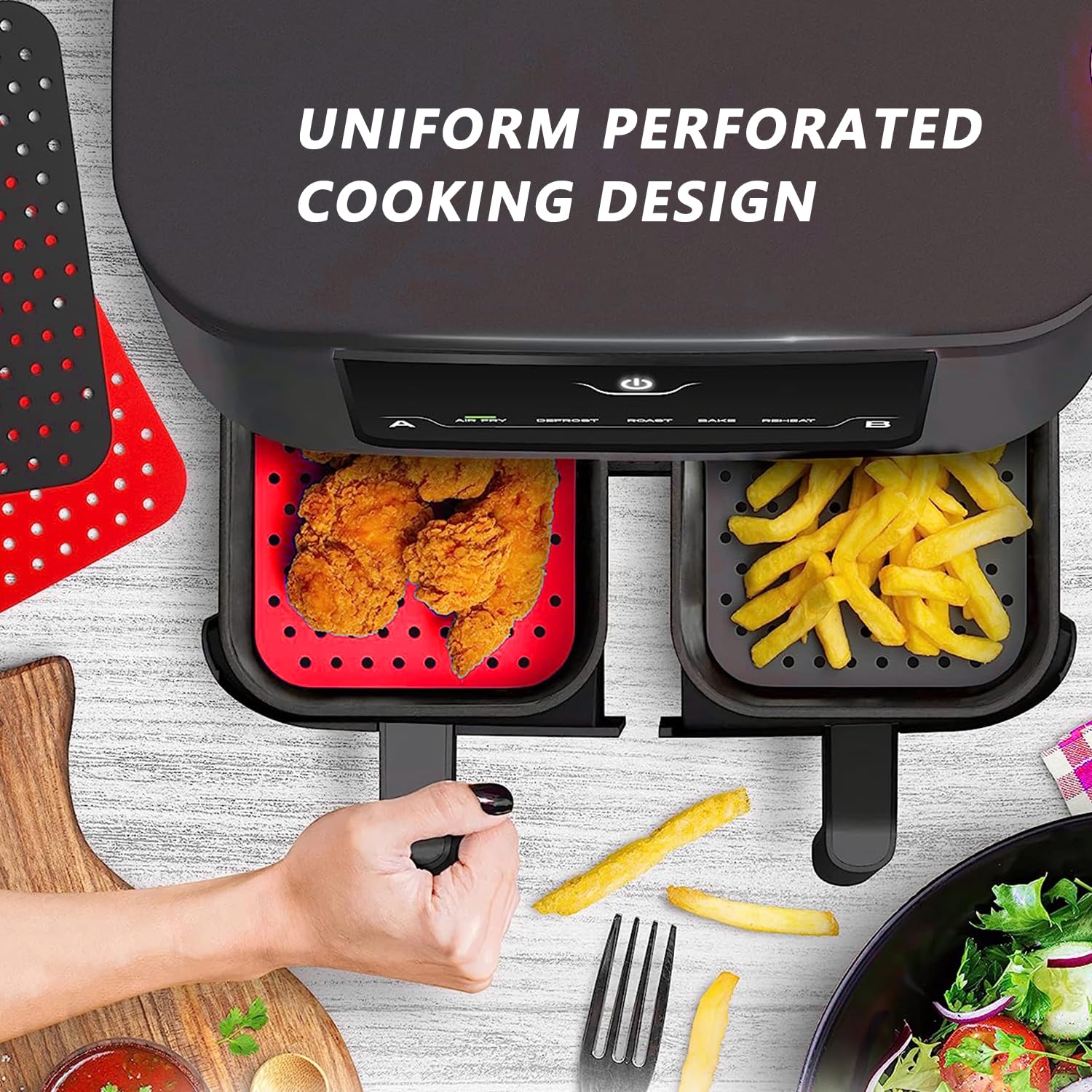 4-Piece Air Fryer Silicone Mat Set - Non-Slip Square Basket Liners, BPA-Free & Reusable Accessories for Air Fryer Cooking - Perfect for Roasting, Baking & Frying Healthy Meals