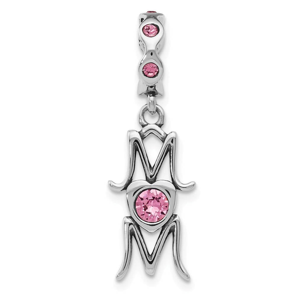 Black Bow Sterling Silver Pink Crystal Mom Charm - Perfect for Jewelry Gifts
