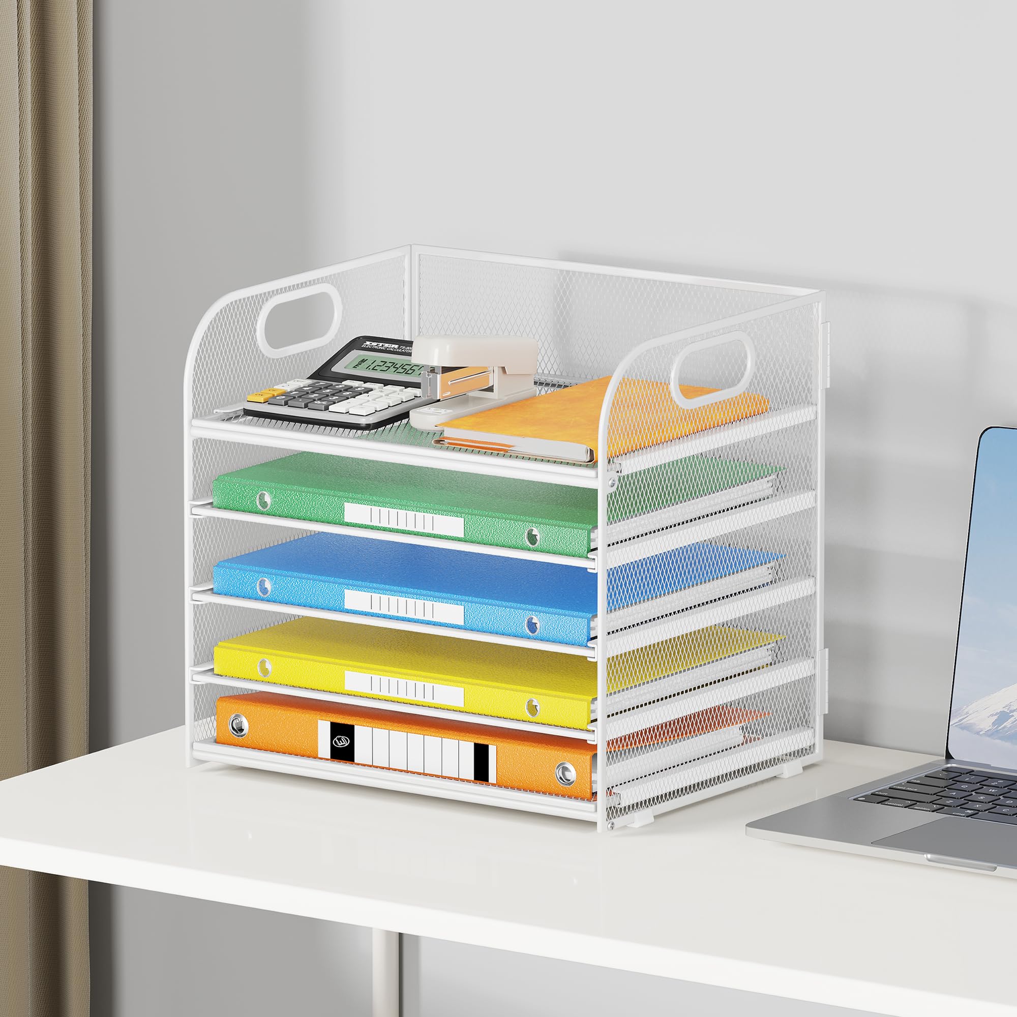Lavatino 5-Tier Mesh Desk Organizer with Handle - White Letter Tray, File Sorter for Office, Home & School - Perfect for Mail, Documents, Bills & Office Supplies Storage